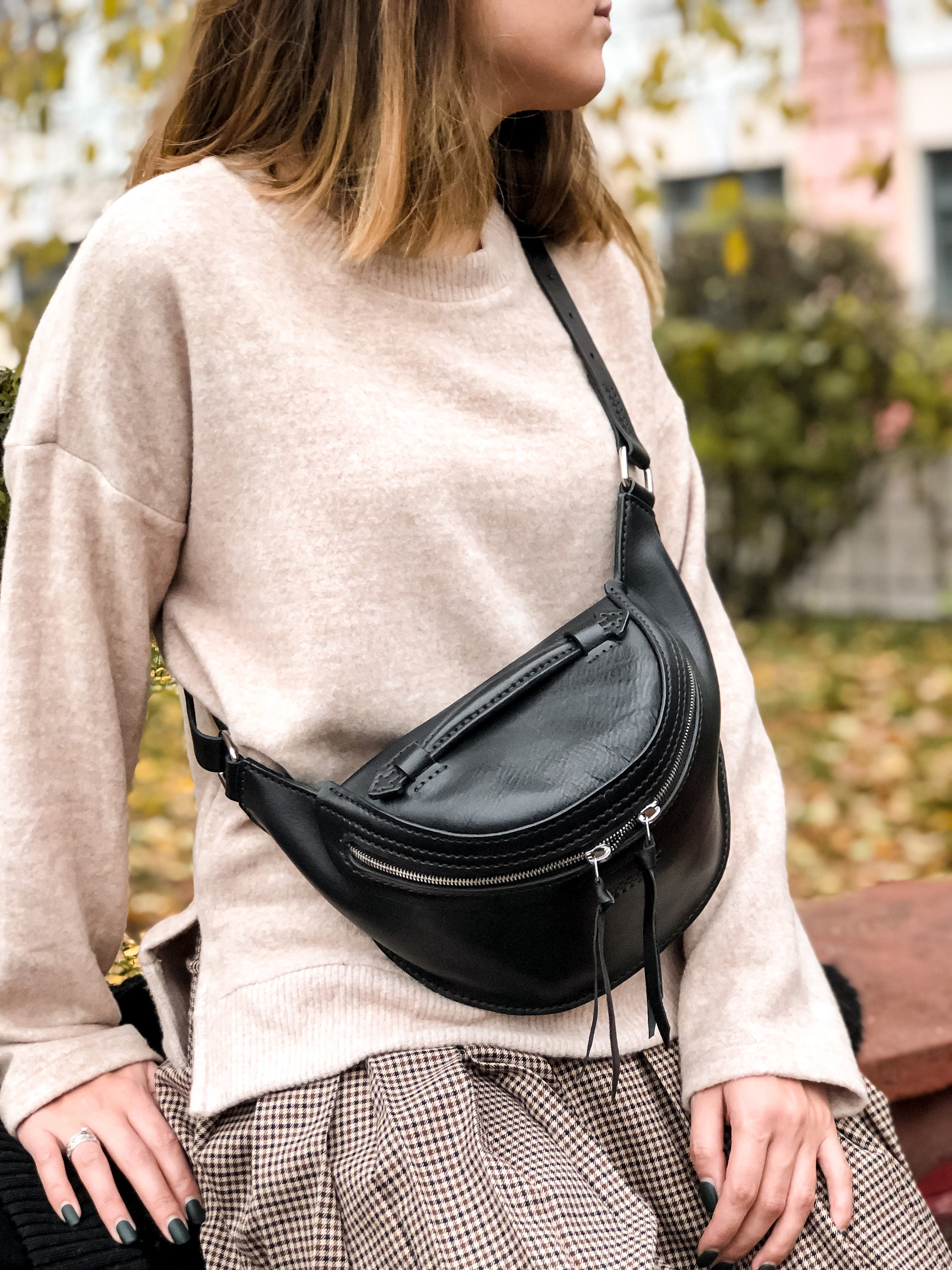 Black leather belt bag for women. Large leather fanny pack. | Etsy