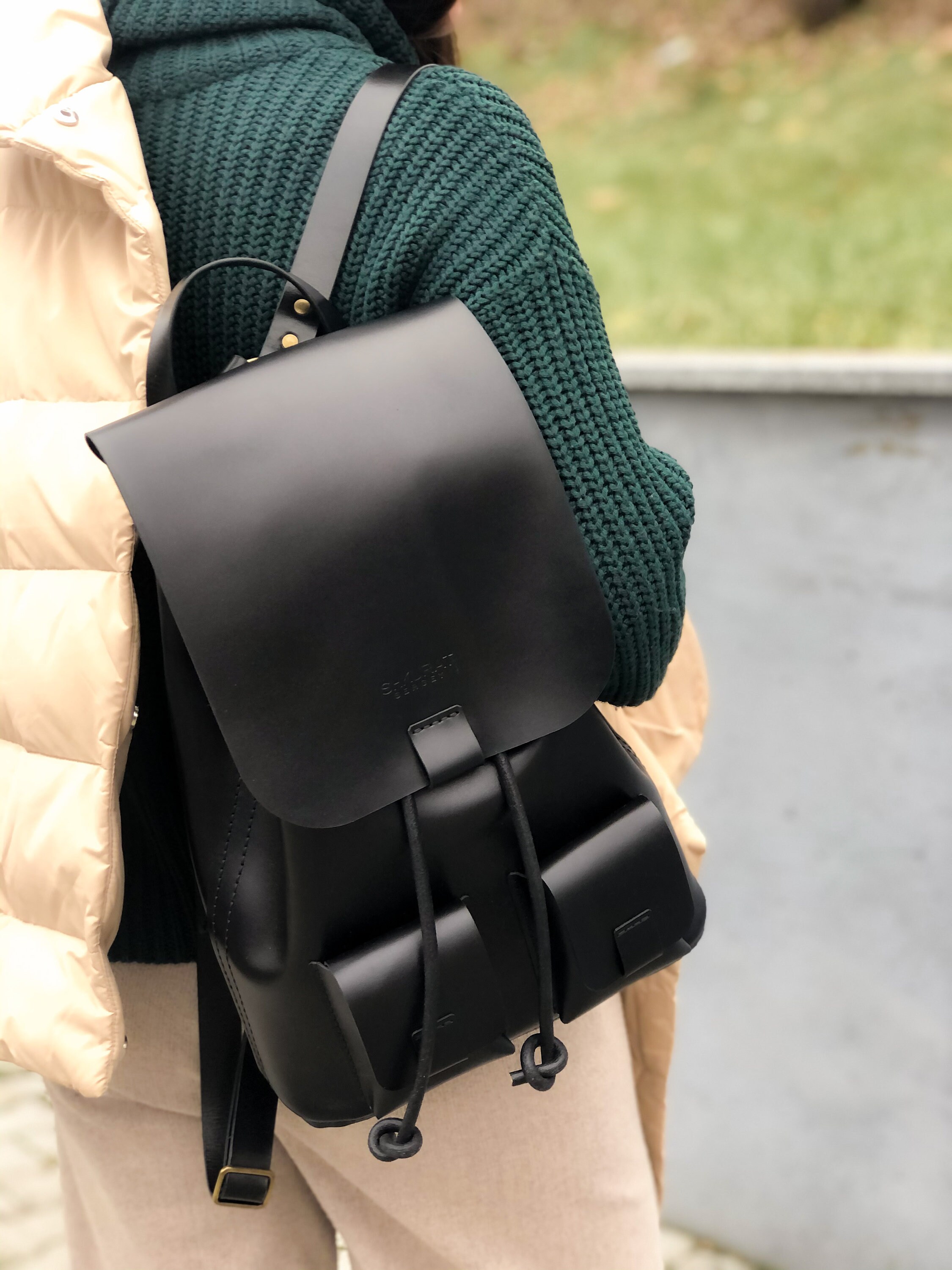 ladies black leather rucksack