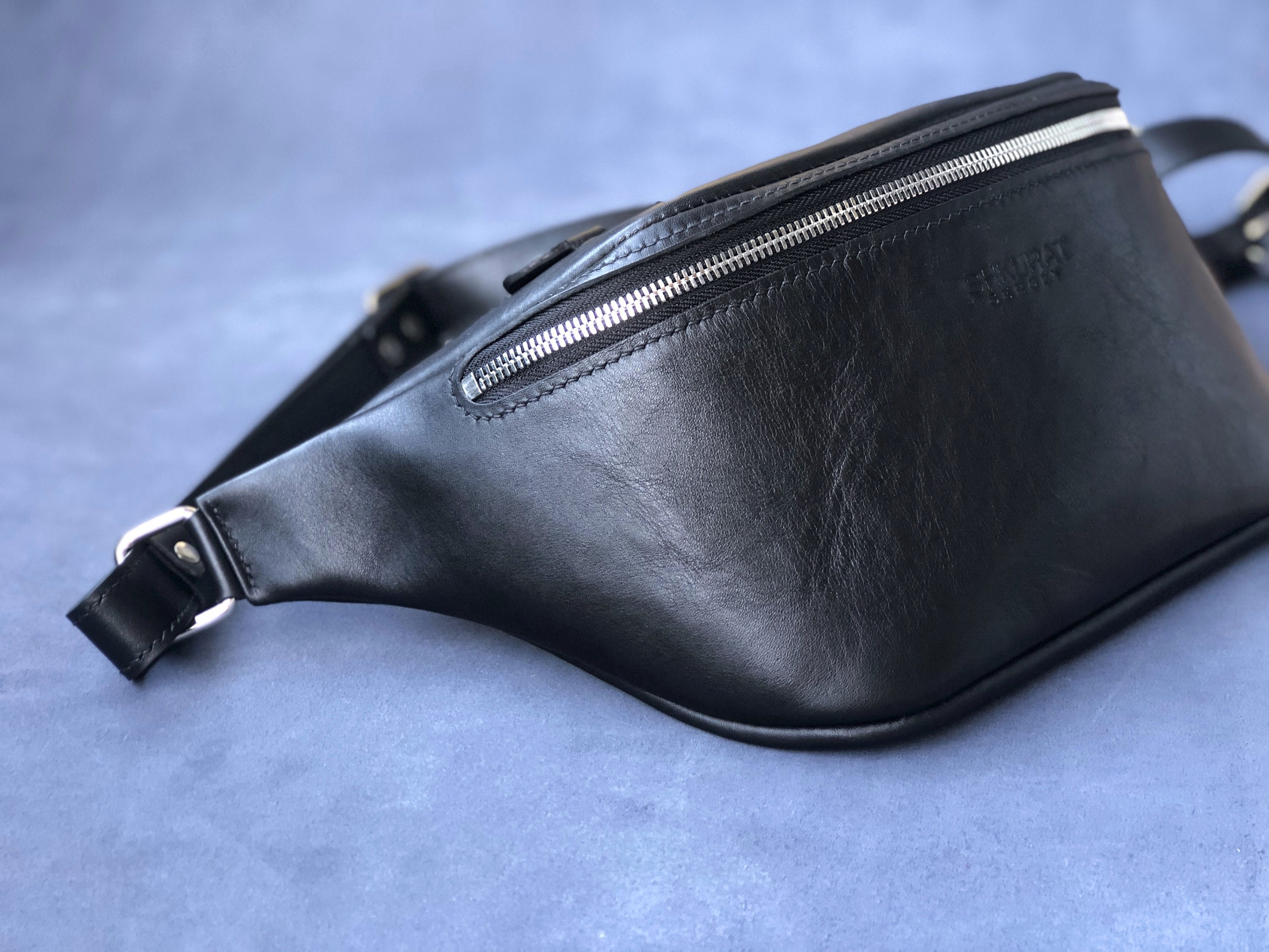 Black crossbody fanny pack. Large leather fanny pack Etsy