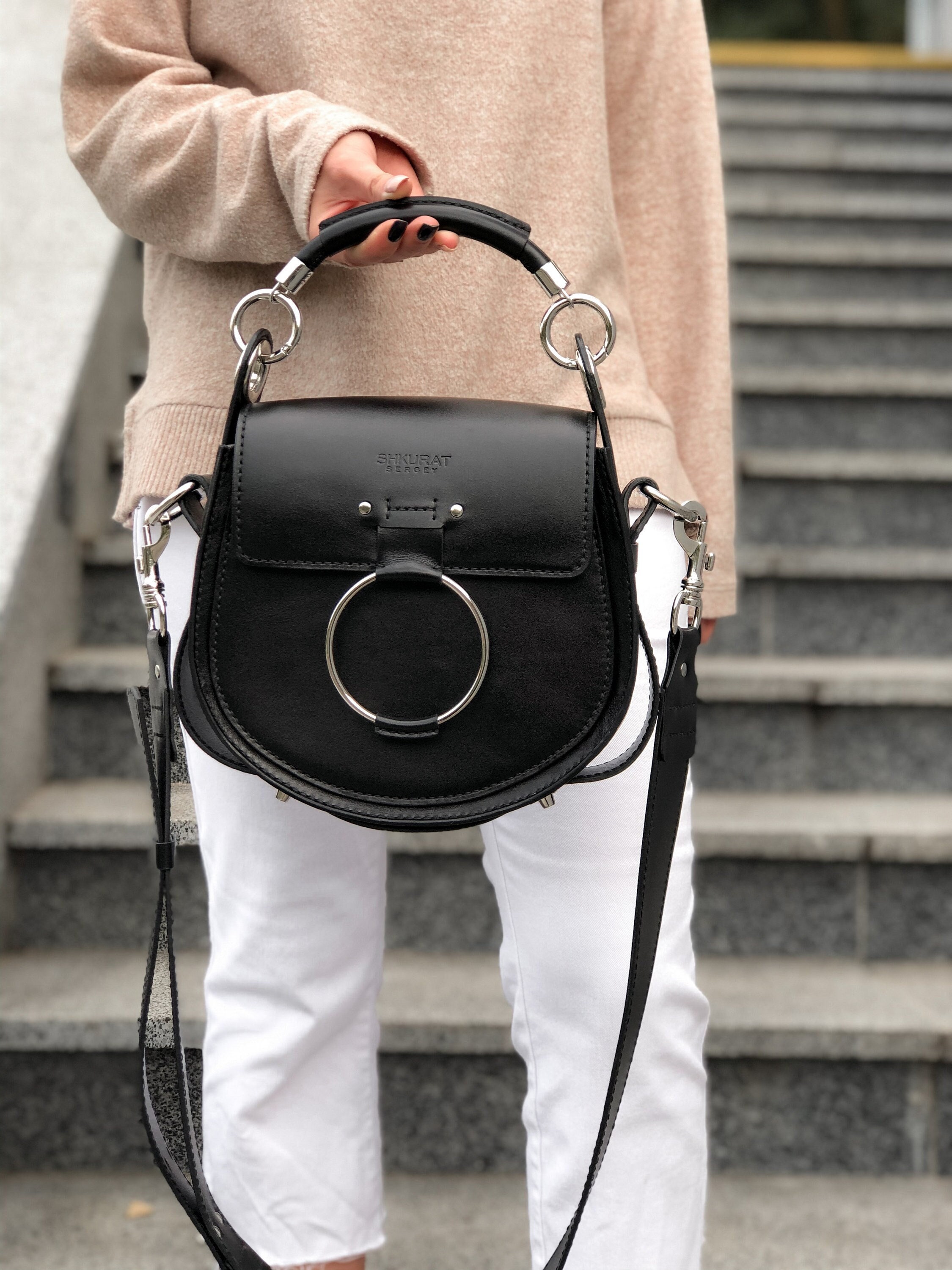 Black leather crossbody saddle bag Etsy