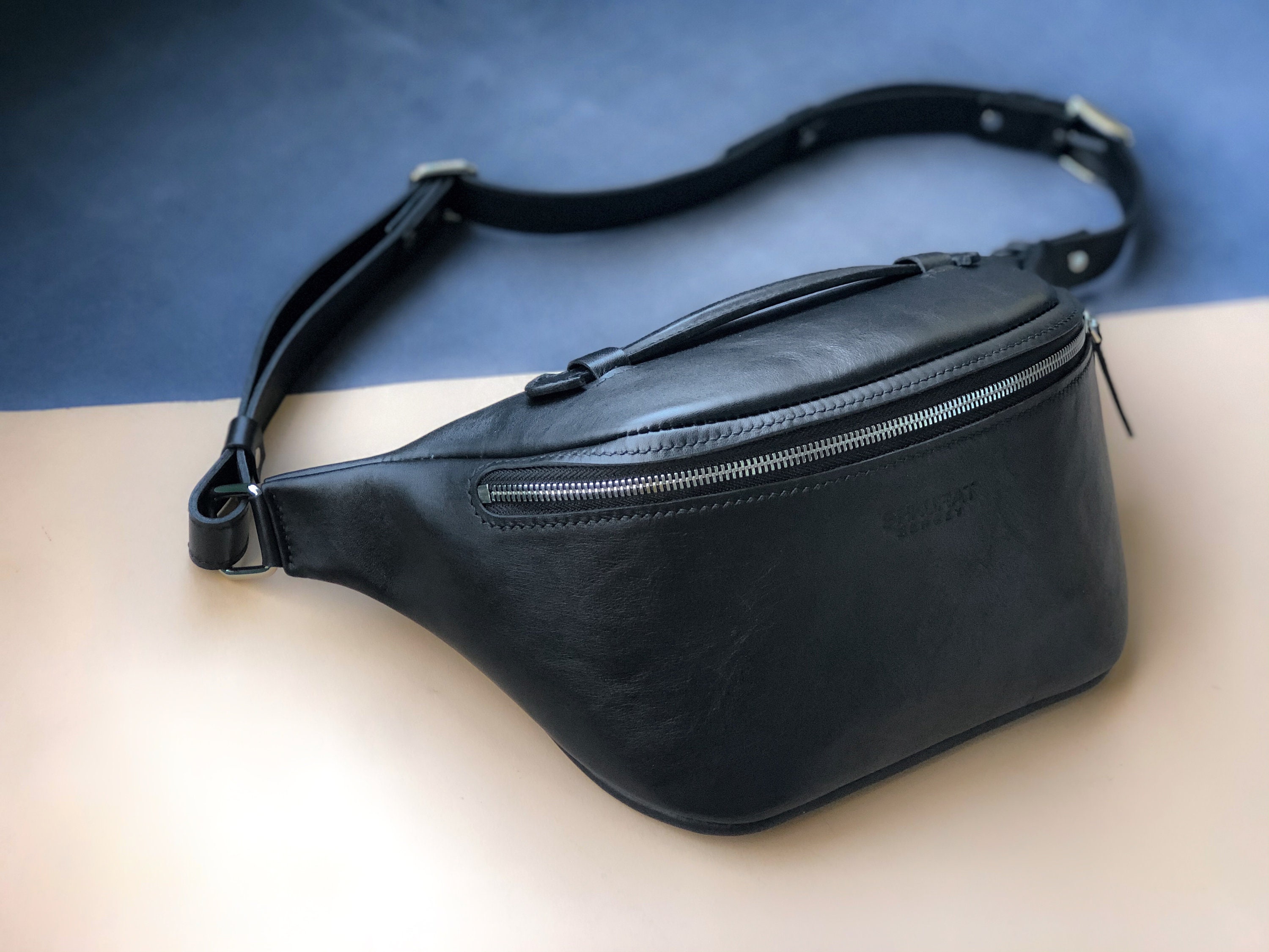 Black crossbody fanny pack. Large leather fanny pack | Etsy