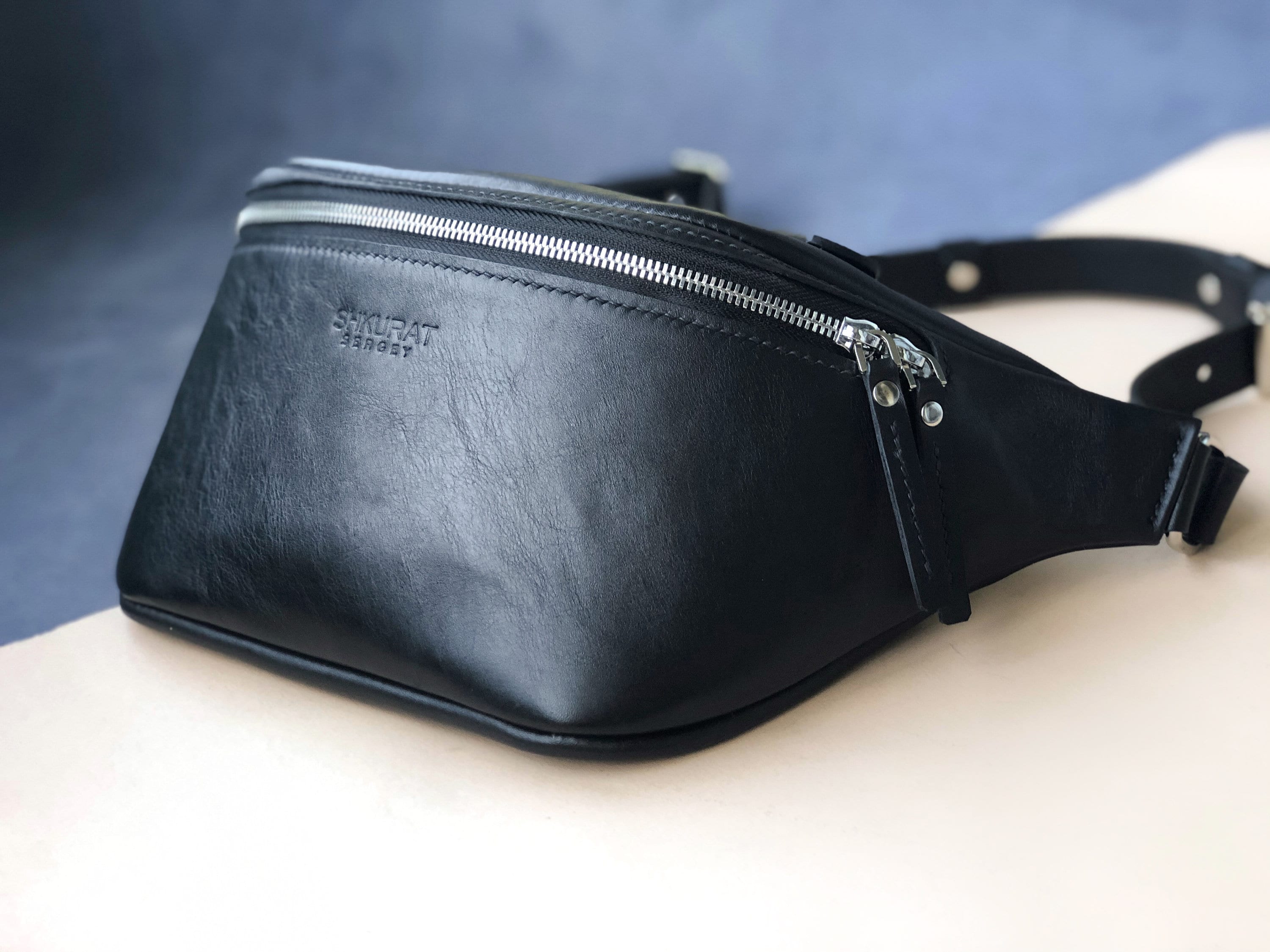 Black crossbody fanny pack. Large leather fanny pack Etsy