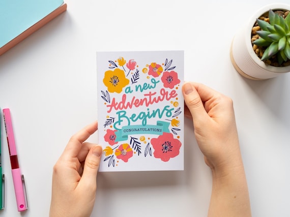 A new Adventure Begins, Congratulations, Hand drawn,engagment, weddings, typography, hand lettering, bright, fun, A6