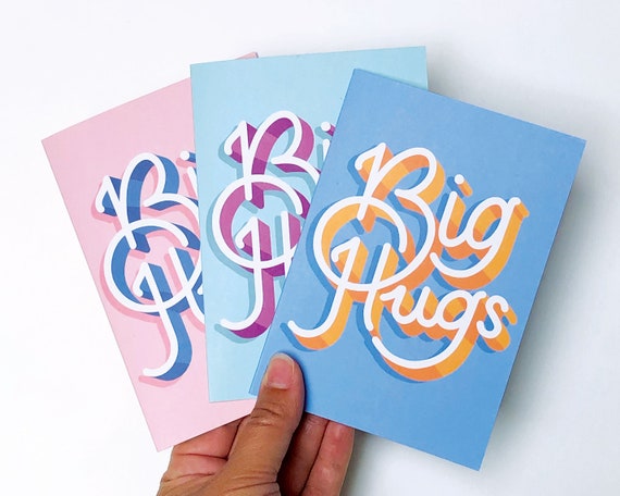 Big Hugs 3 pack Greetings Card, set, thank you, birthday, celebration, mourning, typography, hand lettering, hand drawn, A6