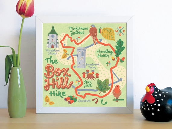 UNFRAMED Illustrate map of Box Hill circular Hike in the Surrey Hills, created to inspire and motivate people to enjoy nature & the outdoors