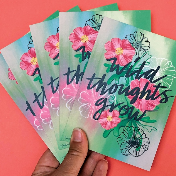 Wild thoughts Grow Postcard pack of 5, set, art, quotes, UK, floral design, inspirational, motivational, A6