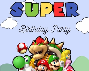 Super Mario födelsedagsvälkomstskylt – Redigerbar Canvasmall – Utskrivbar spelfestdekoration för pojkar