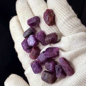Puede incluir: Una colección de piedras preciosas de rubí en bruto, sin cortar, en varios tonos de rojo intenso y púrpura. Las piedras preciosas se sostienen en un guante blanco, mostrando sus formas y texturas naturales e irregulares. Los rubíes tienen un aspecto áspero y sin pulir.