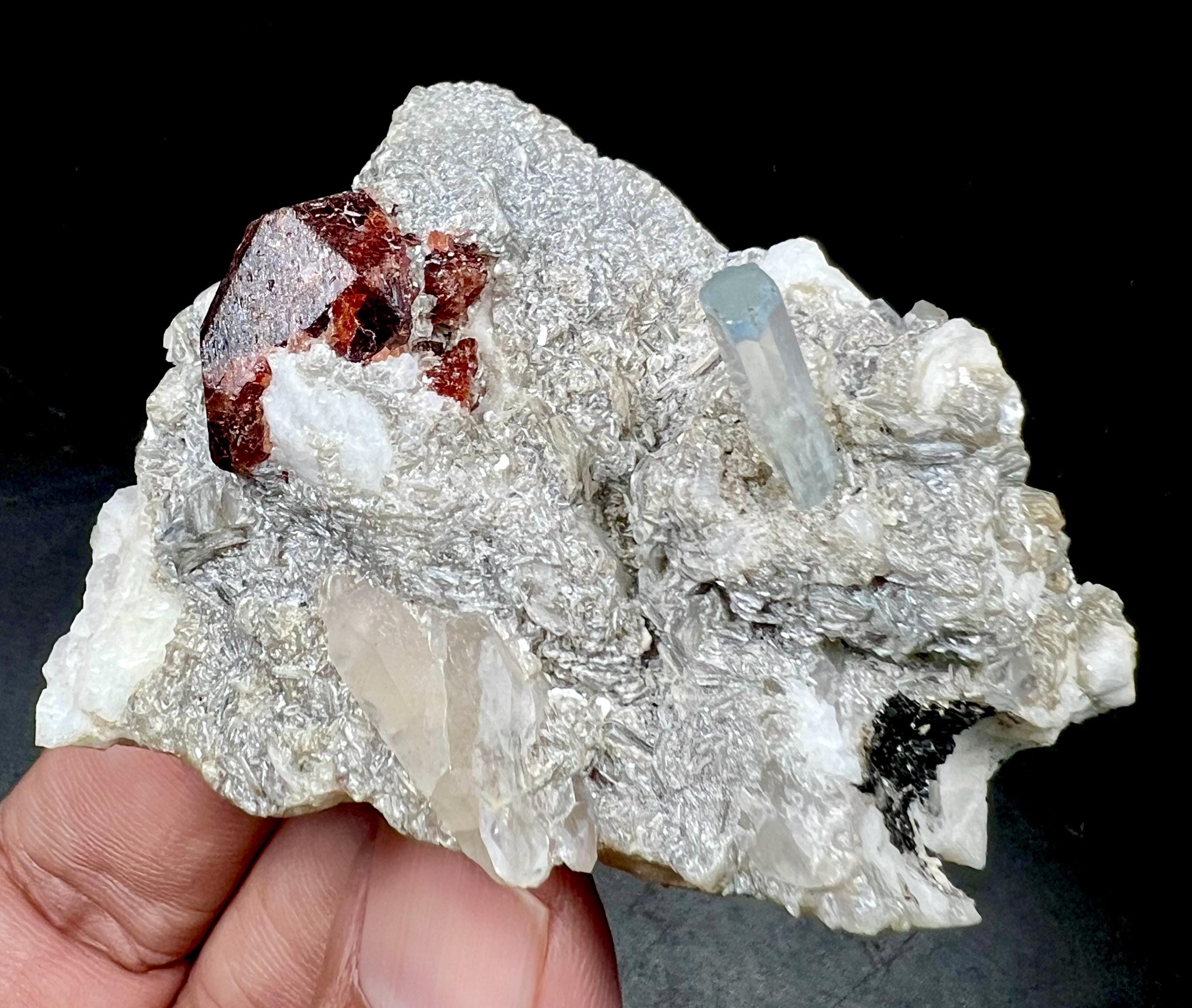 スカルドゥ産の赤いガーネット結晶、アクアマリン、雲母が母岩に混ざっ 