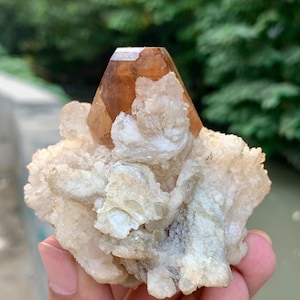 May include: A natural, raw crystal formation featuring a large, faceted, amber-colored crystal point atop a cluster of off-white, textured mineral deposits. The crystal is held in a hand, with a blurred green background.