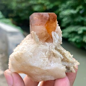 May include: A faceted, amber-colored crystal formation atop a white, textured mineral base. The crystal has a geometric shape, and the base has a rough, layered appearance. The background is blurred, with green foliage and a body of water visible.