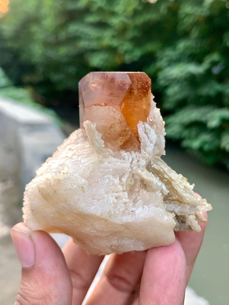 May include: A faceted, amber-colored crystal formation atop a white, textured mineral base. The crystal has a geometric shape, and the base has a rough, layered appearance. The background is blurred, with green foliage and a body of water visible.