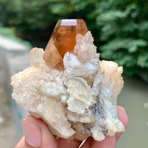 May include: A natural crystal formation featuring a large, amber-colored crystal point atop a cluster of smaller, off-white crystals. The crystal is held in a hand, with a blurred green background.