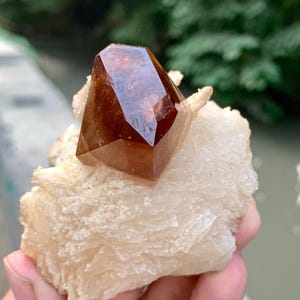 May include: A faceted, reddish-brown crystal sits atop a rough, off-white mineral formation. The crystal has a glossy, reflective surface. The background is blurred, with green foliage and a glimpse of a waterway.