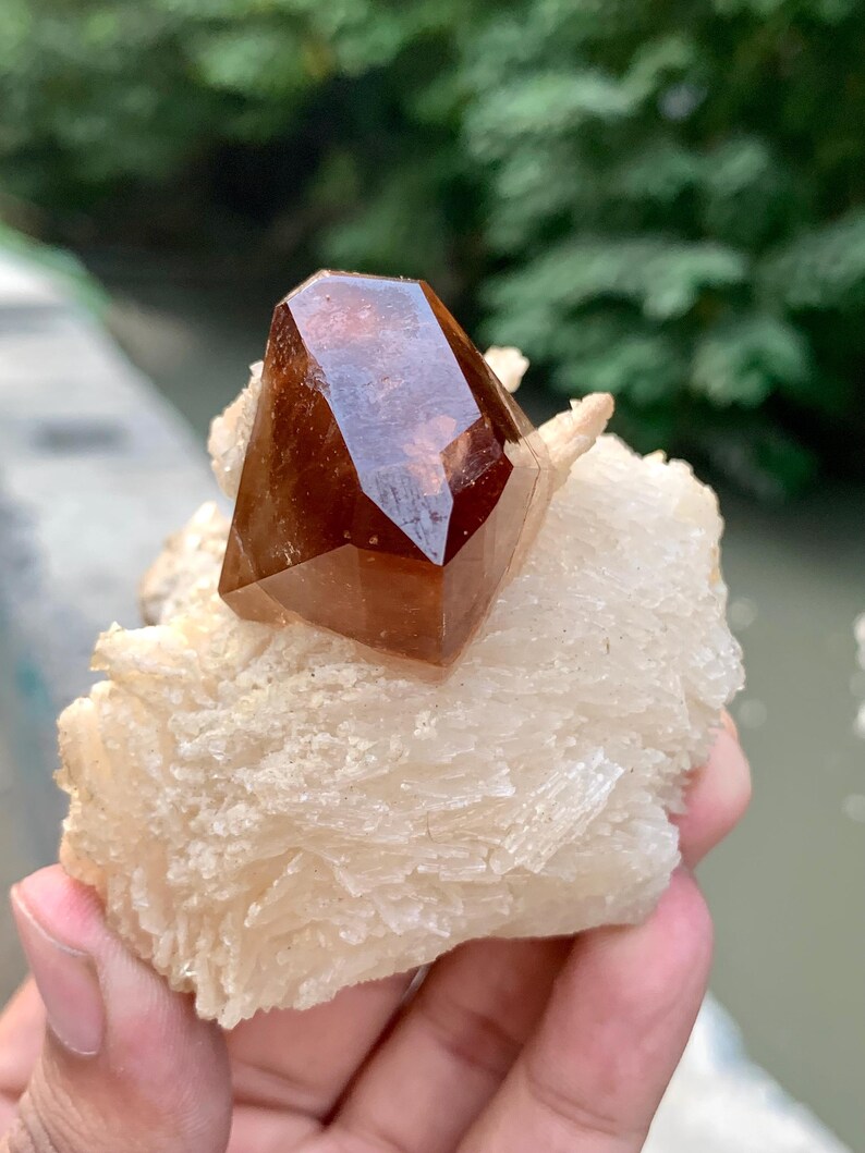 May include: A faceted, reddish-brown crystal sits atop a rough, off-white mineral formation. The crystal has a glossy, reflective surface. The background is blurred, with green foliage and a glimpse of a waterway.