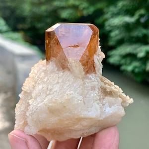 May include: A faceted, amber-colored crystal formation atop a rough, off-white mineral base. The crystal has a geometric shape with multiple reflective surfaces. The base has a textured, crystalline appearance. The background is blurred, with green foliage and water visible.