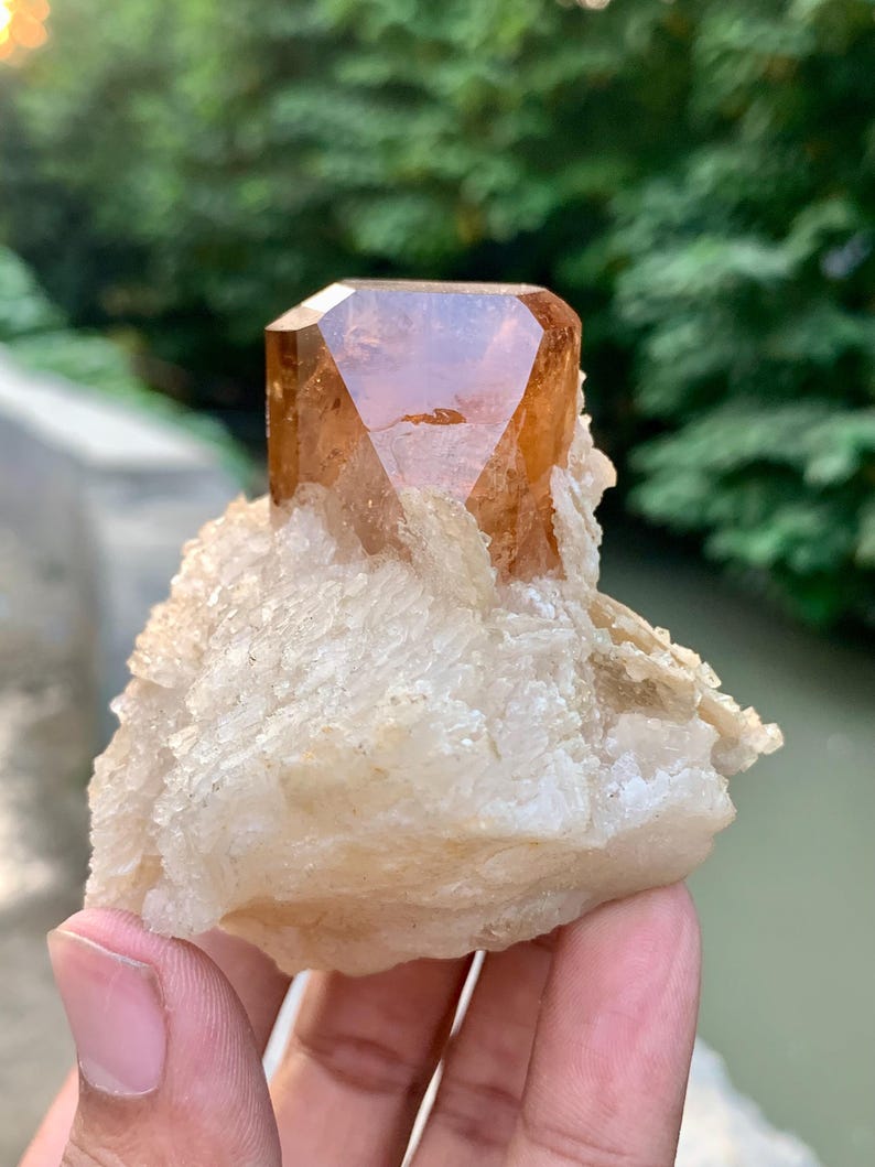 May include: A faceted, amber-colored crystal formation atop a rough, off-white mineral base. The crystal has a geometric shape with multiple reflective surfaces. The base has a textured, crystalline appearance. The background is blurred, with green foliage and water visible.