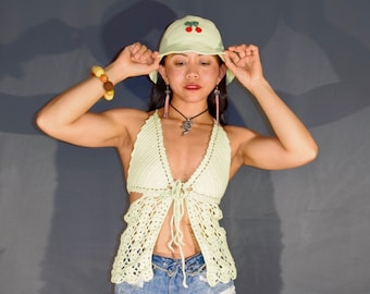 Handmade  Backless Hip Length Halter Top W/ Matching Bucket Hat In Size S Colour Light Green