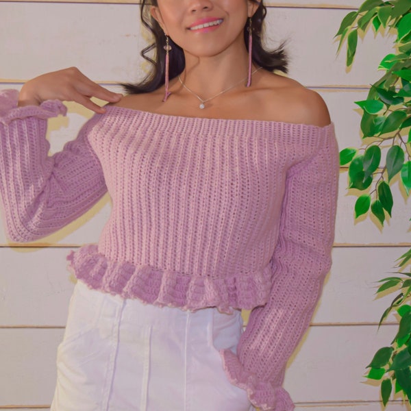 Crochet Off The  Shoulder Sweater PATTERN//Bella Off Shoulder Ruffle Cropped Sweater Size XS-XL