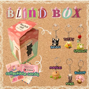 May include: A Wee Folk Cafe blind box set featuring a pink mushroom-shaped cardboard box, collectible cards, and six character keychains labeled Bean, Ditzy, Sprout, Maple, Nibs, and Bloop, each with unique charms and metal rings.