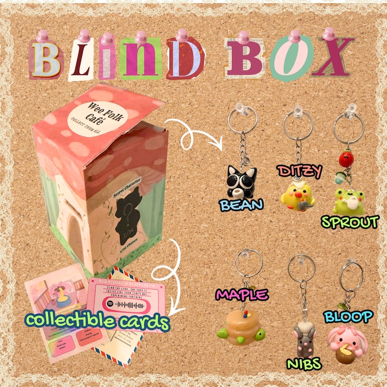 May include: A Wee Folk Cafe blind box set featuring a pink mushroom-shaped cardboard box, collectible cards, and six character keychains labeled Bean, Ditzy, Sprout, Maple, Nibs, and Bloop, each with unique charms and metal rings.