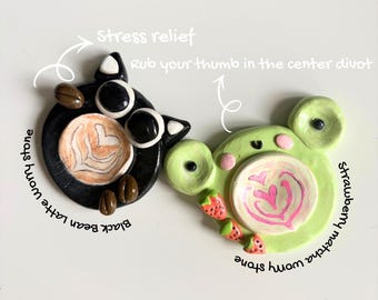Handmade Polymer Clay Worry Stone | Black Bean Latte, Strawberry Matcha Fidget Toy