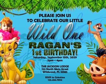 Lion King First Birthday Party Printable Invitation. Simba. Jungle. Pumbaa.