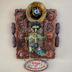 Altered Art Creepy Circus Fantasy Creature - Olga the Omniscient is a wonderfully eccentric one-of-a-kind assemblage art wall sculpture.