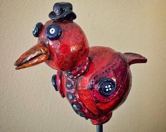 Sculpture originale d'oiseau en argile unique en son genre, personnage original, oeuvre d'art d'étagère, cadeau de collectionneur, art oiseau coloré lunatique idiot, peint à la main