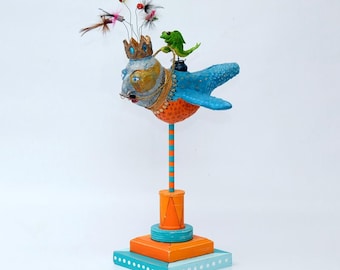 Eclectic, Silly, Colorful Bird Sculpture. One of a Kind Quirky Clay Bird Sculpture. Original Character, Bookshelf Art, Handmade Gift.