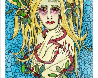 Abstract Aquarel Schilderij Print, Adam en Eva Folk Art, surrealistische kunstwerk getiteld "Eve" Op Aquarel Papier.