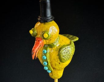 Art d'oiseau coloré idiot lunatique, sculpture originale d'oiseau en argile unique en son genre, personnage original, oeuvre d'art d'étagère, cadeau de collectionneur, peint à la main