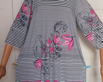 tolles schwarz weiß pinkes Sommerkleid, Tunika, Lagenlook,Blumenmuster