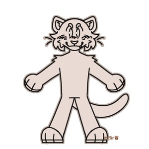 May include: Line art illustration of a cartoon cat with a light brown body and black outlines. The cat is standing with its arms outstretched and has a happy expression on its face.