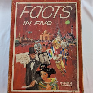 May include: Vintage board game box titled "Facts in Five" with a red background and illustrations of historical figures, landmarks, and a football player. The box has a distressed, aged appearance, with the game title in large white letters.