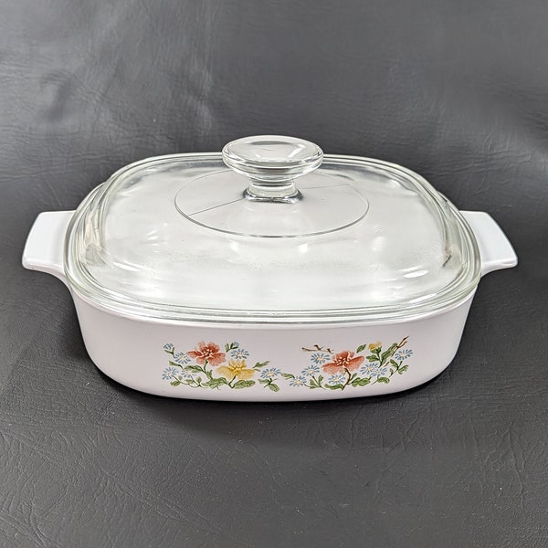 1984-85 Autumn Meadow pattern 1.4L Corning Ware A8B casserole dish with A9C clear glass lid