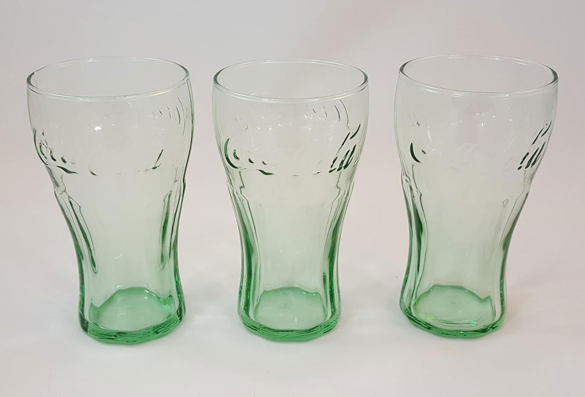 3 Vintage Heavy Green Glass Coca Cola 6 Ounce Drinking Glasses With L