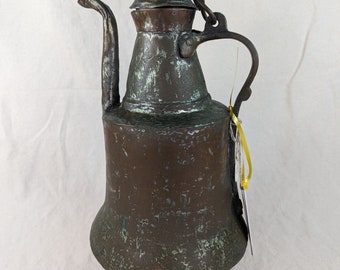 Antique Persian Copper and Metal Coffee Pot or Water Jug, 15 inches tall, deep aged patina, charred cook base, wear dents from long-time use