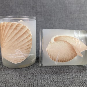 May include: Two frosted glass tumblers with a seashell design. The tumblers are clear with a white frosted finish and feature a brown seashell design.