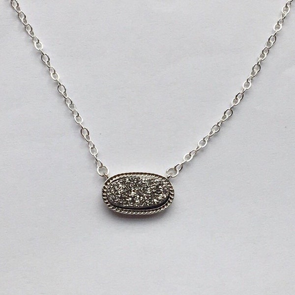 Dark Silver Druzy Charm Necklace in Silver