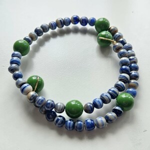 Handmade Blue Green Beaded Bracelet Set - Glass Acrylic Beads - Stretch Bracelet - Layered Stack Jewelry - Minimalist Everyday Bracelet