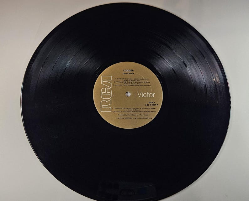 May include: A black vinyl record with a gold label featuring the text "LODGER" and "David Bowie." The label also includes the RCA Victor logo and song titles. The record is centered on a white surface.