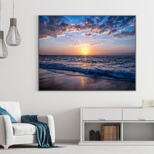 Sunset Ocean Beach Waves Art Print Illustration Printable Canvas Painting Downloadable Poster