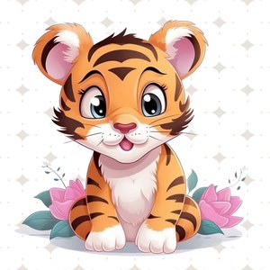 Leuke Tiger Cub en bloemen PNG Clipart Sublimation Design Transparante achtergrond Digitale download