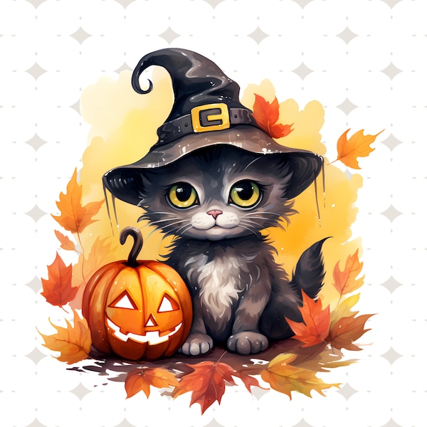 Cute Halloween Cat With Witch Hat PNG Clipart Sublimation T-Shirt Design Transparent Background Clip Art Digital Download