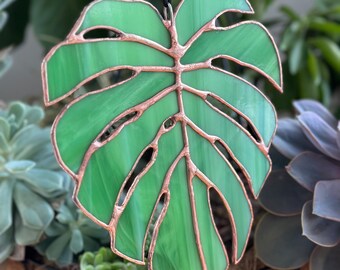 Sun Catcher: Stained Glass monstera leaf green and copper