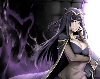 Puede incluir: Un personaje de anime con cabello morado, vistiendo un atuendo morado oscuro y dorado, de pie en una habitación oscura y sombría. El personaje sostiene un libro y tiene una expresión seria en su rostro. El texto "Cute 'n' Deadly Poster Preview" aparece dos veces en la imagen.