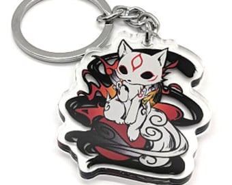 Okami Keychain - Amaterasu Wise Wolf, Double Sided