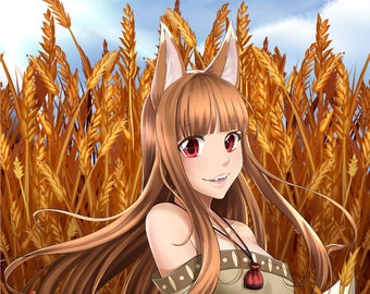 Puede incluir: Un personaje de anime con cabello castaño y orejas de lobo, que lleva un vestido marrón sin hombros con un escote de cuentas y una bolsa marrón, está sentado en un campo de trigo. Tiene ojos rojos y sostiene un manojo de trigo en su mano derecha. El texto "Cute 'n' Deadly Sample Preview" es visible en la parte inferior de la imagen.