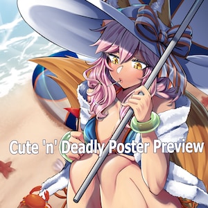 Peut inclure: Un personnage d'anime aux cheveux roses portant un chapeau de sorcière bleu et blanc avec un nœud bleu, un maillot de bain bleu et un manteau de fourrure blanc. Elle est assise sur une plage avec un parasol et un château de sable surmonté d'un crabe rouge. Le texte "Cute 'n' Deadly Poster Preview" est en bas de l'image.